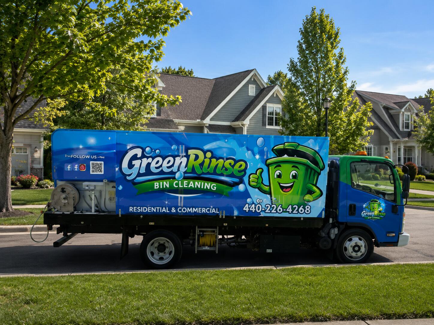Green Rinse Bin Cleaning Truck parked on a residential street